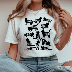 Camiseta Silhueta de Gato Floral Amante de Gatos Botânico
