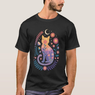 Camiseta Silhueta de Gato Floral Flor Celestial Natureza Bo