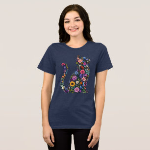 Camiseta Silhueta de Gato Floral Jardim de Flores Silvestre