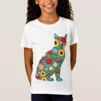 Camiseta Silhueta de Gato Floral Padrão em Flor
