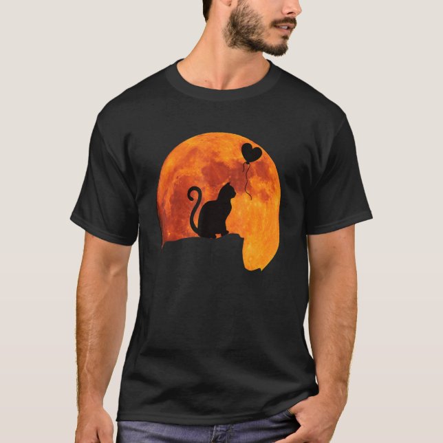 Camiseta Silhueta de Gato na Lua Cheia. Gatos da Lua Vermel (Frente)
