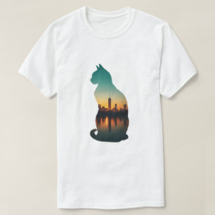 Camiseta Silhueta de Gato Pôr do Sol Urbano