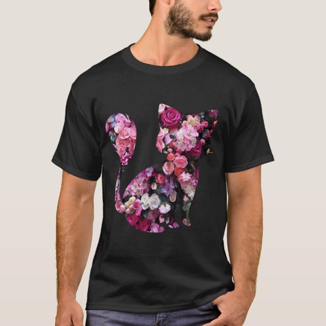 Camiseta Silhueta De Gatos E Rosas Rosa (Frente)