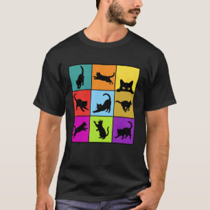 Camiseta Silhueta de Gatos Pretos Coloridos e Fofos Pop Art