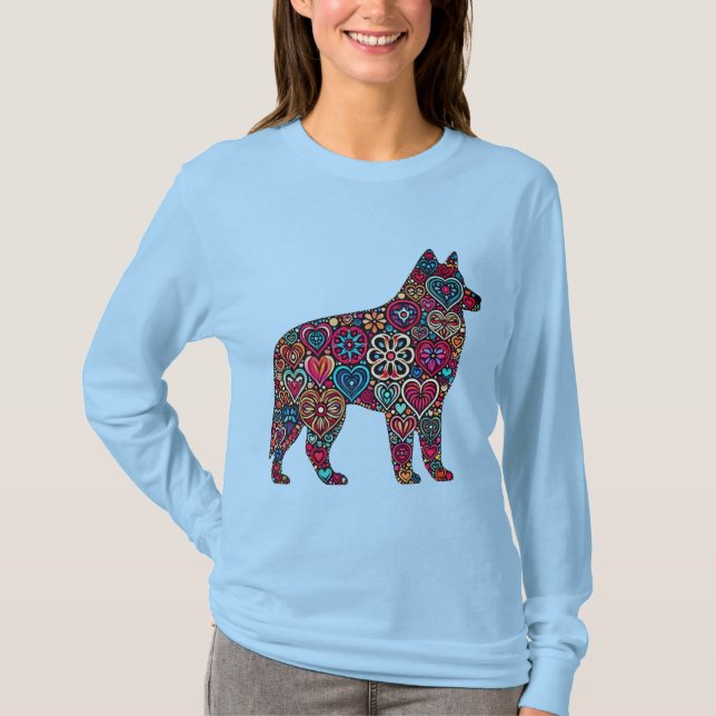 Camiseta Silhueta de Lobo Abstrata Colorida Preenchida com  (Frente)