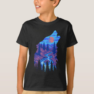 Camiseta Silhueta de Lobo Uivando Floresta Rio Paisagem