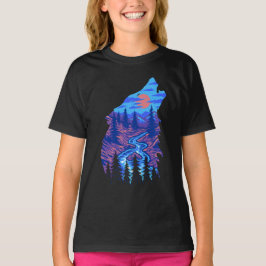 Camiseta Silhueta de Lobo Uivando Paisagem Florestal Rio