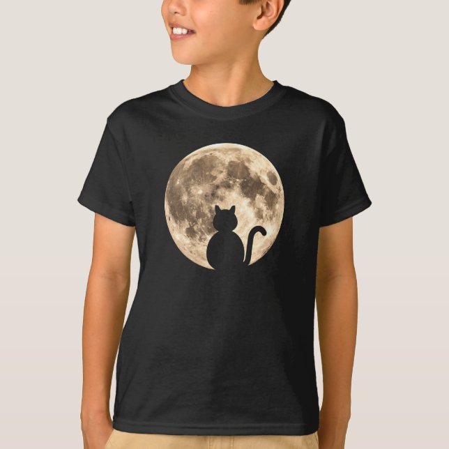 Camiseta Silhueta de Lua Cheia de Gato Negro (Frente)