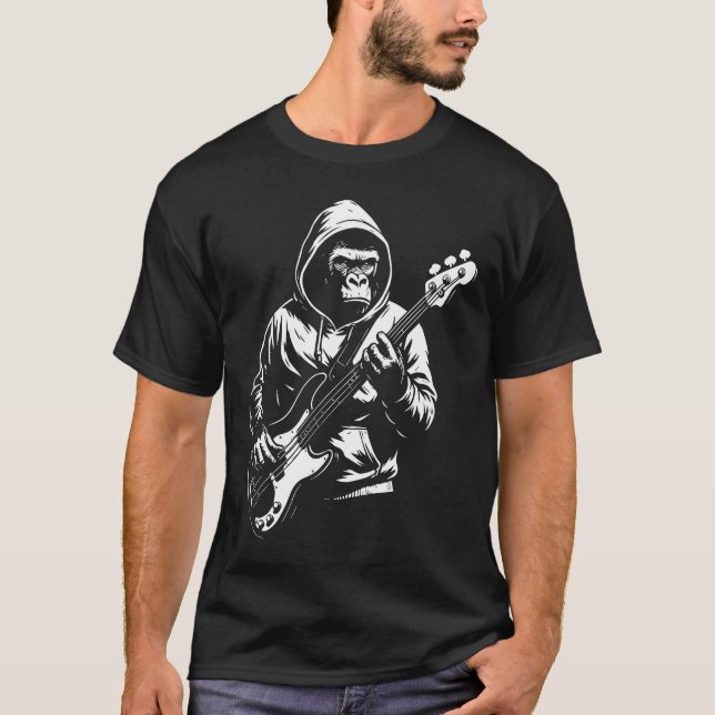 Camiseta Silhueta de Macaco com Capuz Tocando Baixo (Frente)