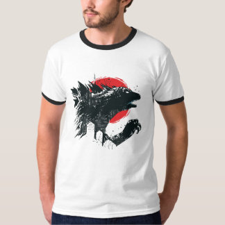 Camiseta Silhueta de Monstro Estilo Kaiju com Lua Vermelha