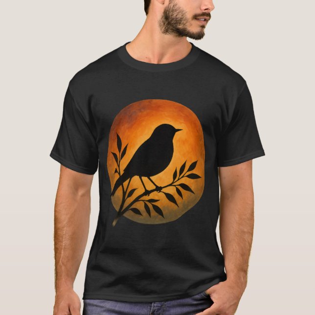Camiseta Silhueta de Pássaro Sobre a Lua Cheia (Frente)