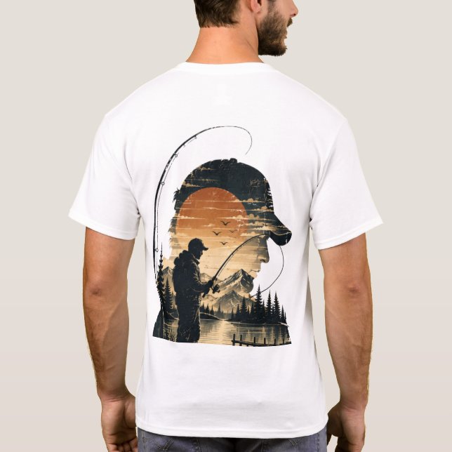 Camiseta Silhueta de Pesca Retro Sunset Angler (Verso)