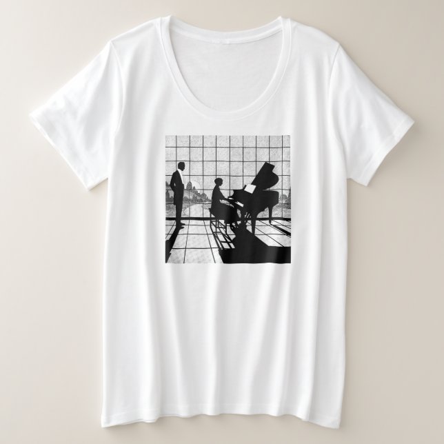 Camiseta Silhueta de Piano Estilo Art Déco | Preto e Branco (Frente do Design)