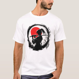 Camiseta Silhueta de Samurai Feminina Sol Vermelho Japonês