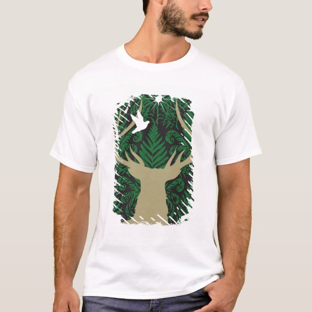 Camiseta Silhueta de um cervo, de uma pomba e de uma (Frente)