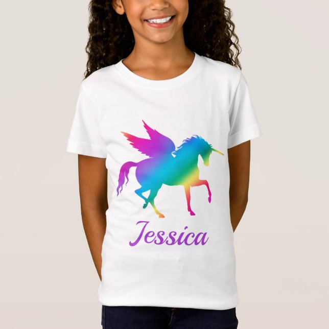 Camiseta Silhueta de Unicórnio com Gradiente de Arco-íris p (Frente)