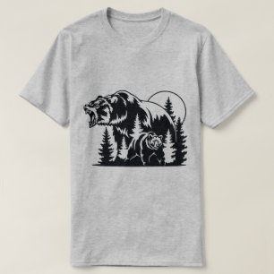 Camiseta Silhueta de Urso Raivoso na Paisagem Florestal