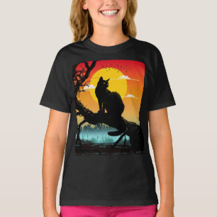 Camiseta Silhueta do pôr do sol gato e árvore