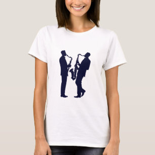 Camiseta silhueta enfumaçado de um saxofonista de jazz, com