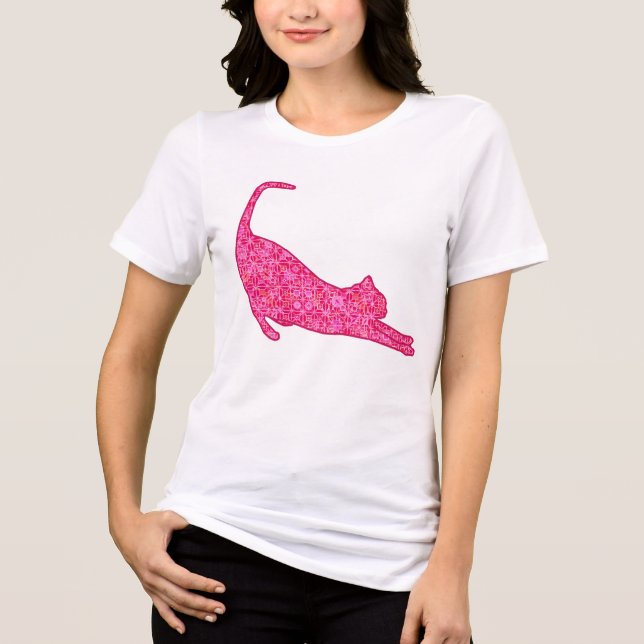 Camiseta Silhueta Gato Esticada em Fúchsia - Batik Rosa (Frente)