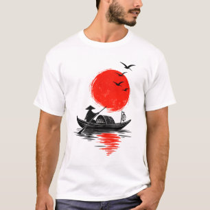Camiseta Silhueta Minimalista Zen de Barco Asiático Sol Ver