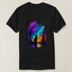 Camiseta Silhueta Mística de Gato Luzes do Norte Preta