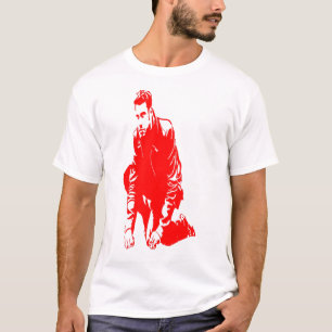 Camiseta silhueta vermelha de um homem suas mãos no chão