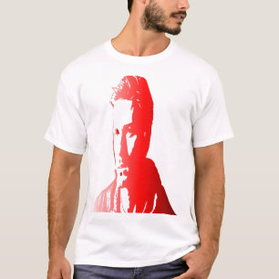Camiseta silhueta vermelha um homem com cabelo curto e text