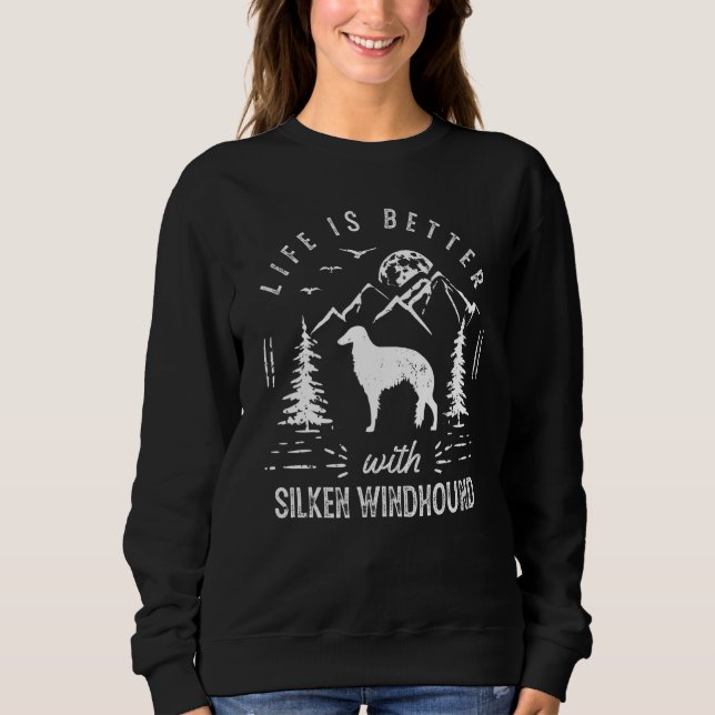 Camiseta Silken Windhound Vida Melhor Mãe Pai Cachorro (Frente)
