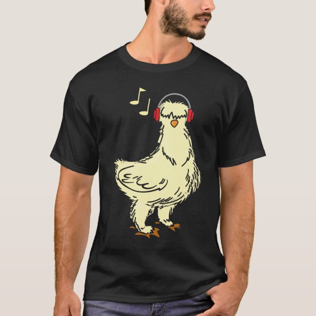 Camiseta Silkie Chicken Vestindo fone de ouvido (Frente)