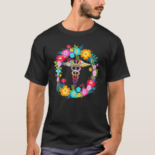 Camiseta Símbolo Caduceu de Enfermagem Médica Flores de Enf