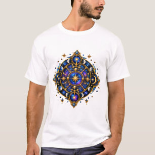 Camiseta Símbolo Celestial Místico Dourado Azul Emblema Cós