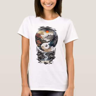 Camiseta Símbolo chinês Jin Jang com uma bela paisagem