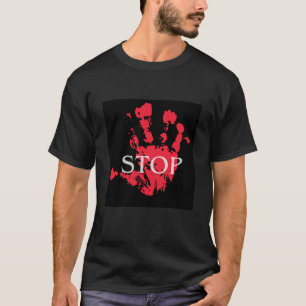 Camiseta Símbolo de Alerta "STOP" com Impressão de Mão Verm