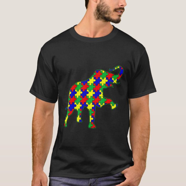 Camiseta Símbolo de consciência autista Cores de elefante e (Frente)