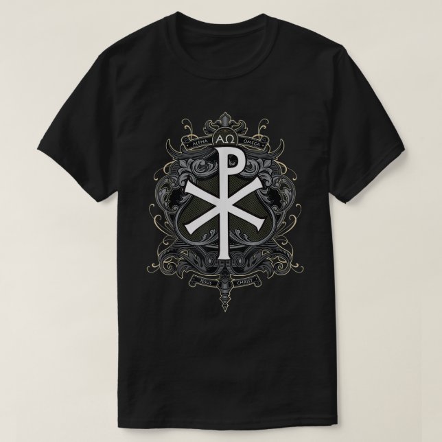 Camiseta Símbolo de Cristo Christograma Jesus Chi Ro Alpha  (Frente do Design)