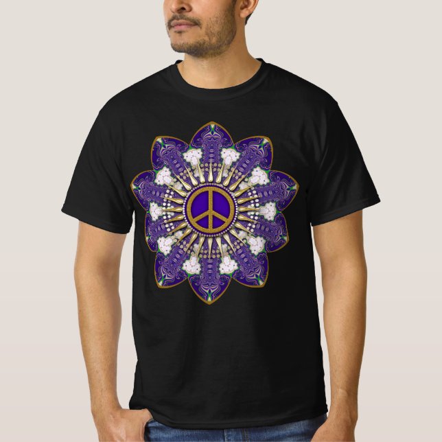 Camiseta Símbolo de Paz Roxo e Dourado Mandala (Frente)
