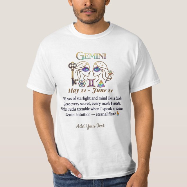 Camiseta Símbolo do Zodíaco de Gêmeos e poema (Frente)
