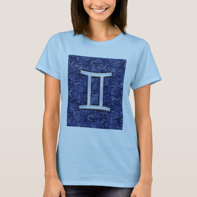 Camiseta Símbolo Gemini Zodiac Camuflagem Digital Azul (Frente)
