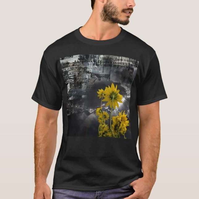 Camiseta Símbolos abstrato e flores amarelas (Frente)