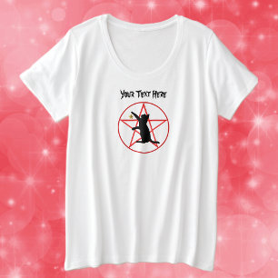 Camiseta Símbolos de Bruxa Gato Preto Pentagrama Vermelho C
