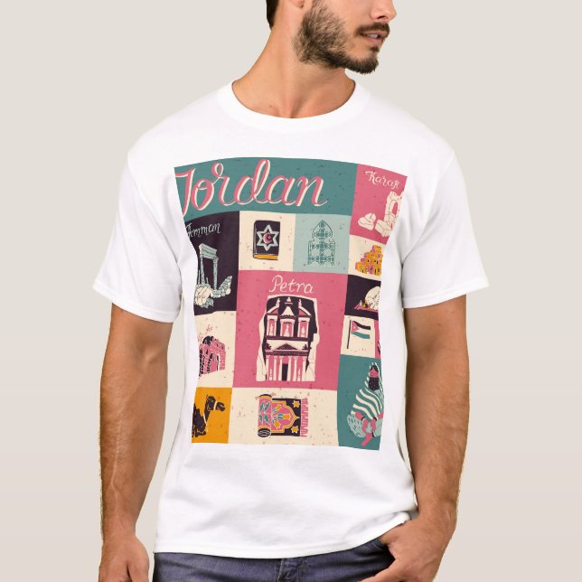 Camiseta Símbolos Ilustrados Retro-Cultura Da Jordânia (Frente)
