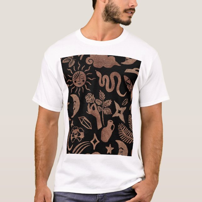 Camiseta Símbolos místicos: cobra, sol, lua. (Frente)