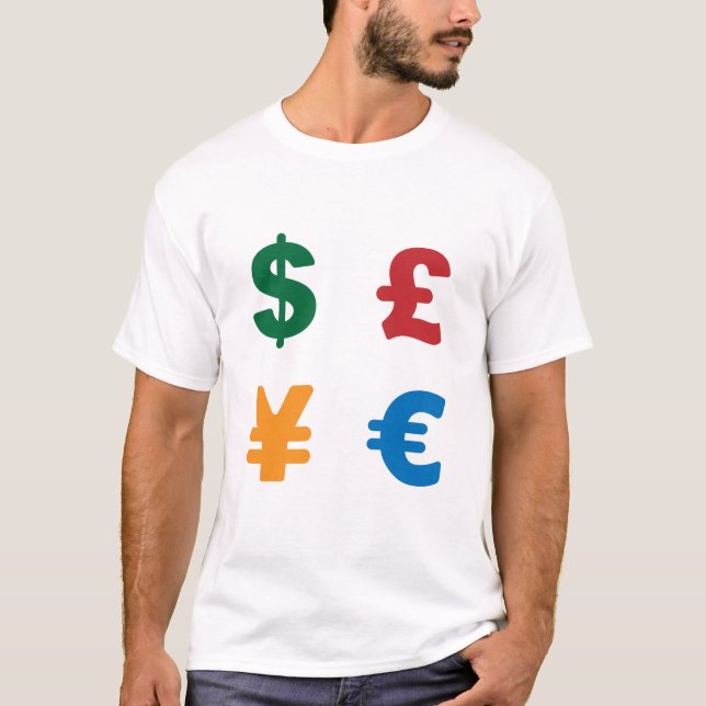 Camiseta Símbolos numerário - dólar libra iene euro (Frente)
