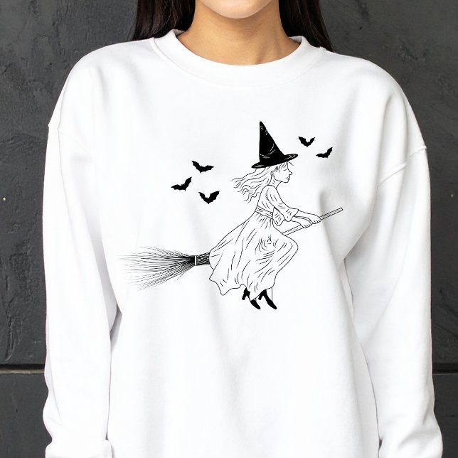Camiseta Simples Bruxa com Bats Line Art Halloween (Disclaimer: This image is a digital mockup.)