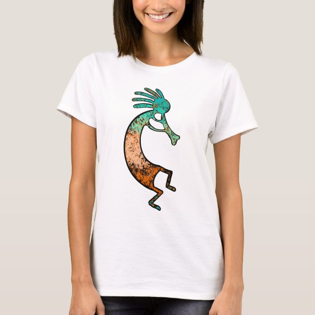 Camiseta Simples desenho de Kokopelli em laranja e azul (Frente)
