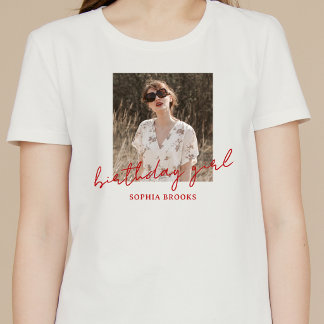 Camiseta Simples Menina de Aniversário Foto Moderno Script