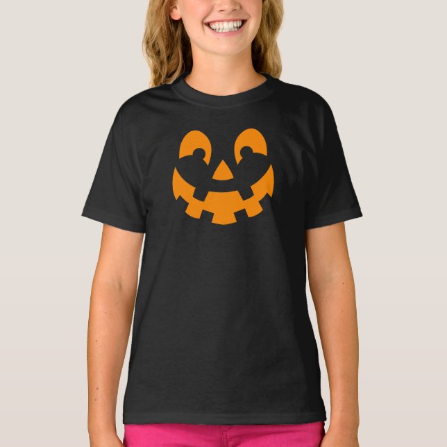Camiseta Simples Rosto de Pumpkin Laranja Silhoueen Hallowe (Frente)