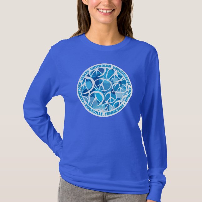 Camiseta Sinais de paz da TVUUC em tons de azul (Frente)