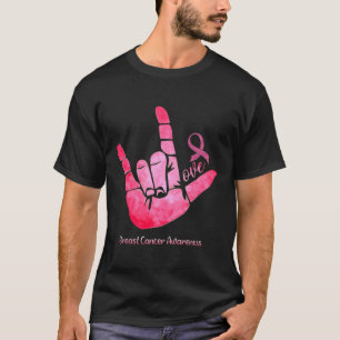 Camiseta Sinal ASL Amor Atenção Cancer da Mama Fita Rosa